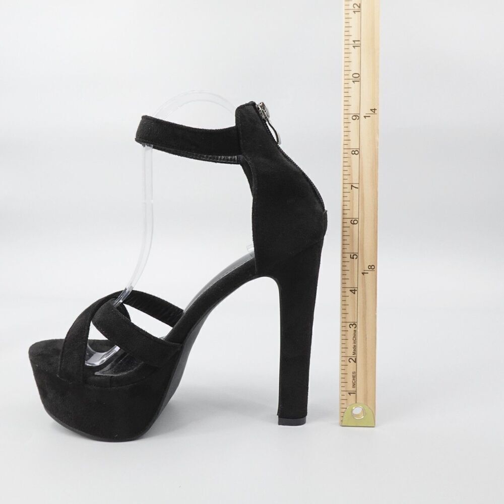 Black Chunky Platform Heels Faux Suede Ankle Strap Whimsigoth Retro Prom hoco - Picture 12 of 16